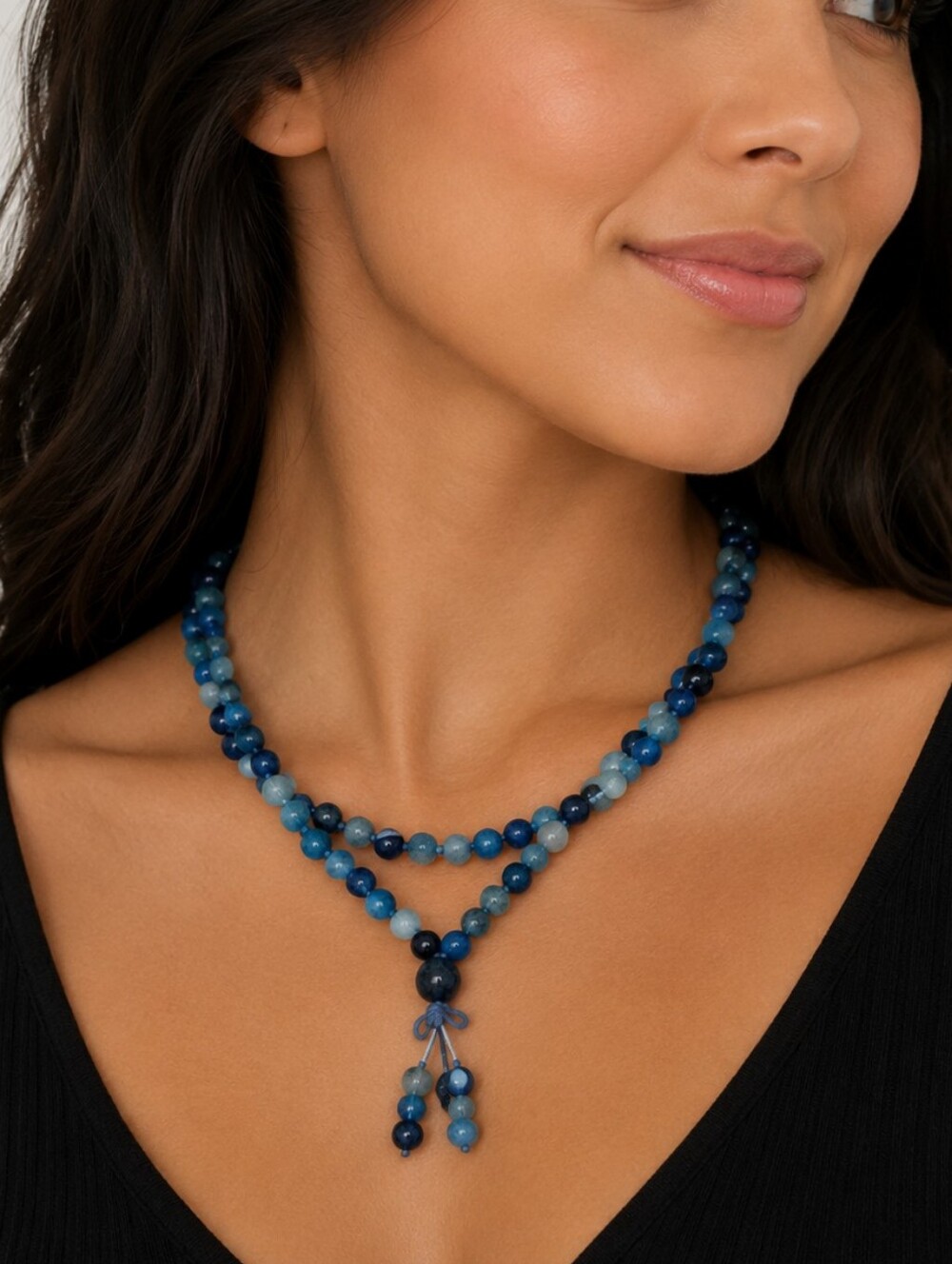 3/$30 Blue Agate Buddhist 108 Prayer Mala Stretchy Bracelet Necklace
